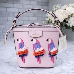 ☀️Kate Spade Pippa Flock Party Parrot Small Bucket Bag Embellished Leather NWT